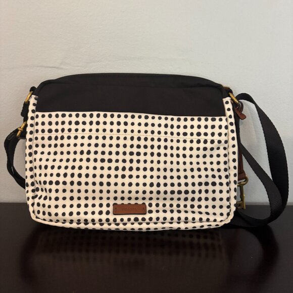 Fossil Bailey Black and White Polka Dot Nylon Canvas Crossbody Shoulder Bag - Picture 3 of 13